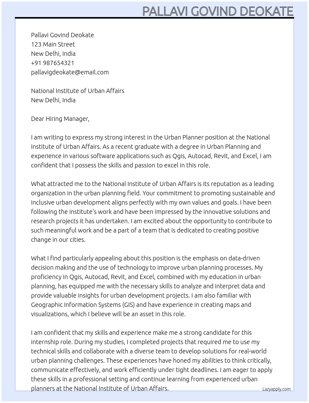 Urban Planner At National institute of urban affairs  Cover Letter