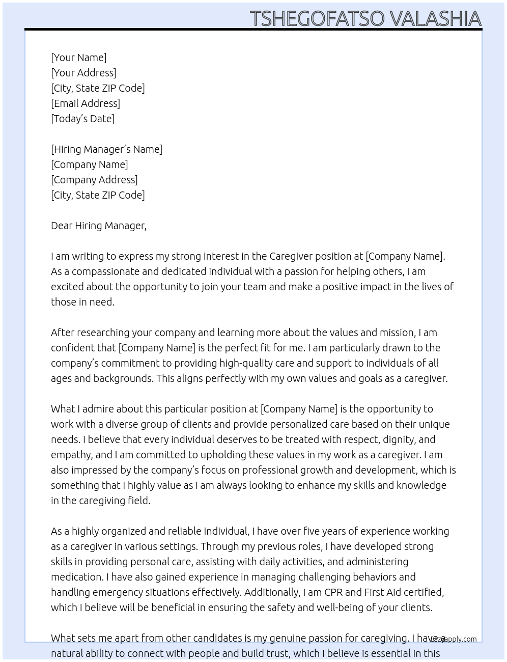 Care giver At Company Cover Letter