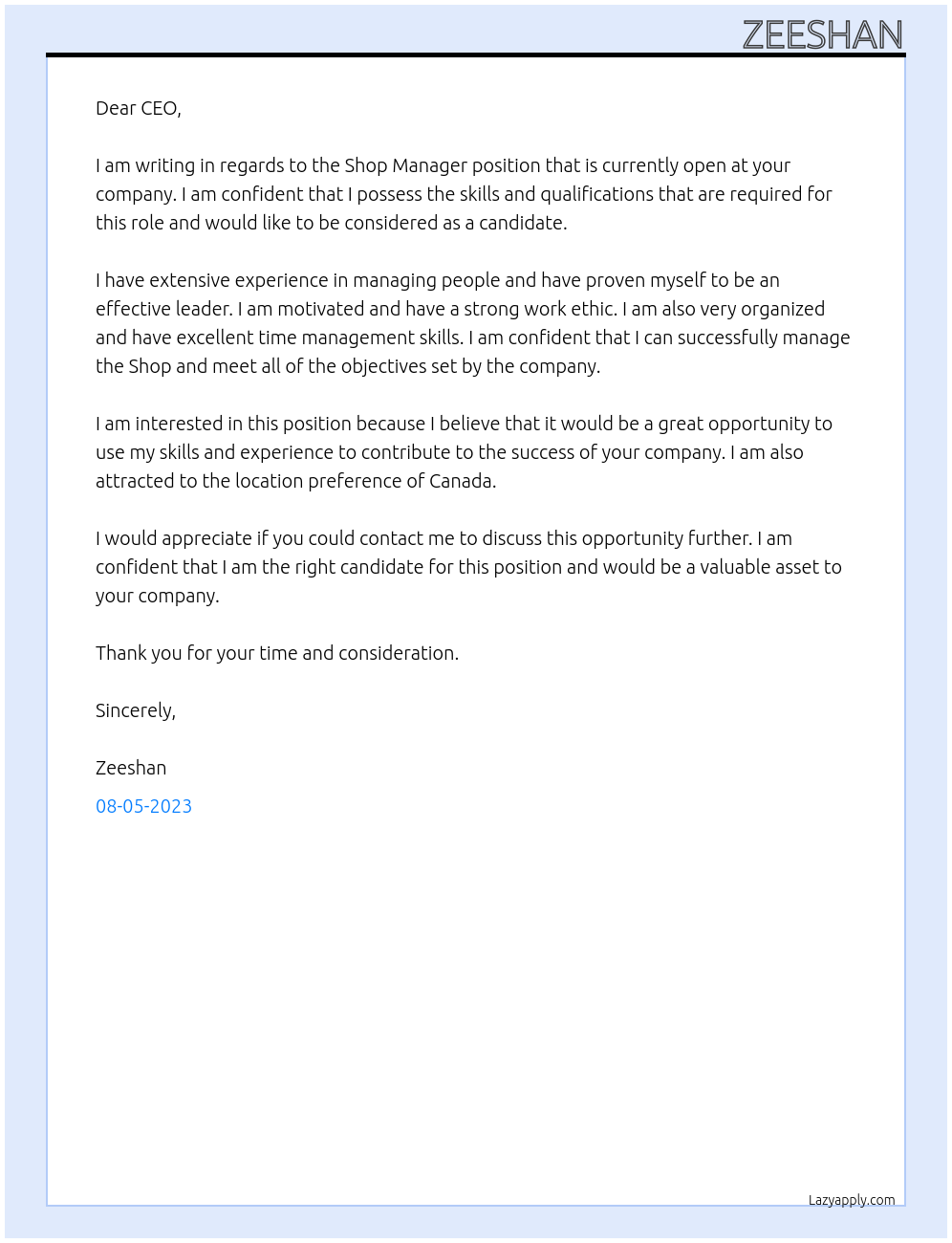Shop Manager At Company Cover Letter