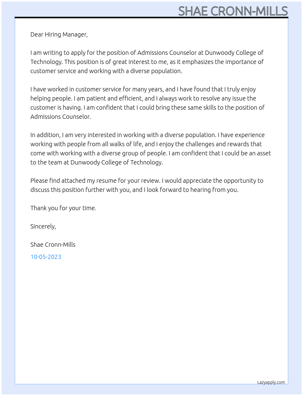 Admissions Counselor At Dunwoody College of Technology Cover Letter