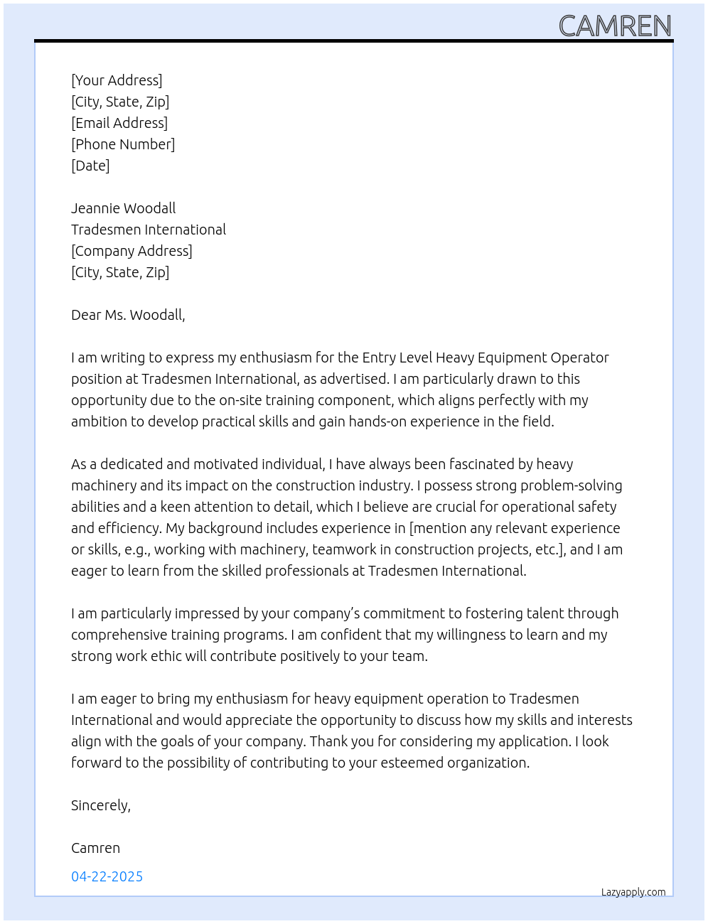 Cover letter for entry level heavy equipment operator - LazyApply