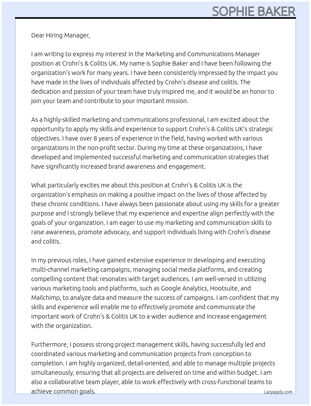 Marketing and communications manager At Crohn's & Colitis UK Cover Letter