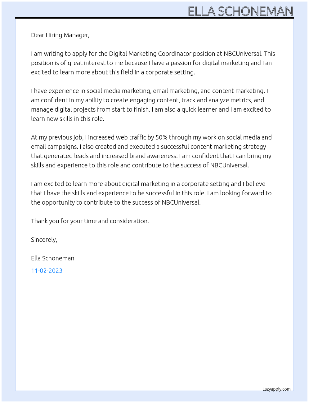 Digital Marketing Coordinator At NBCUniversal Cover Letter