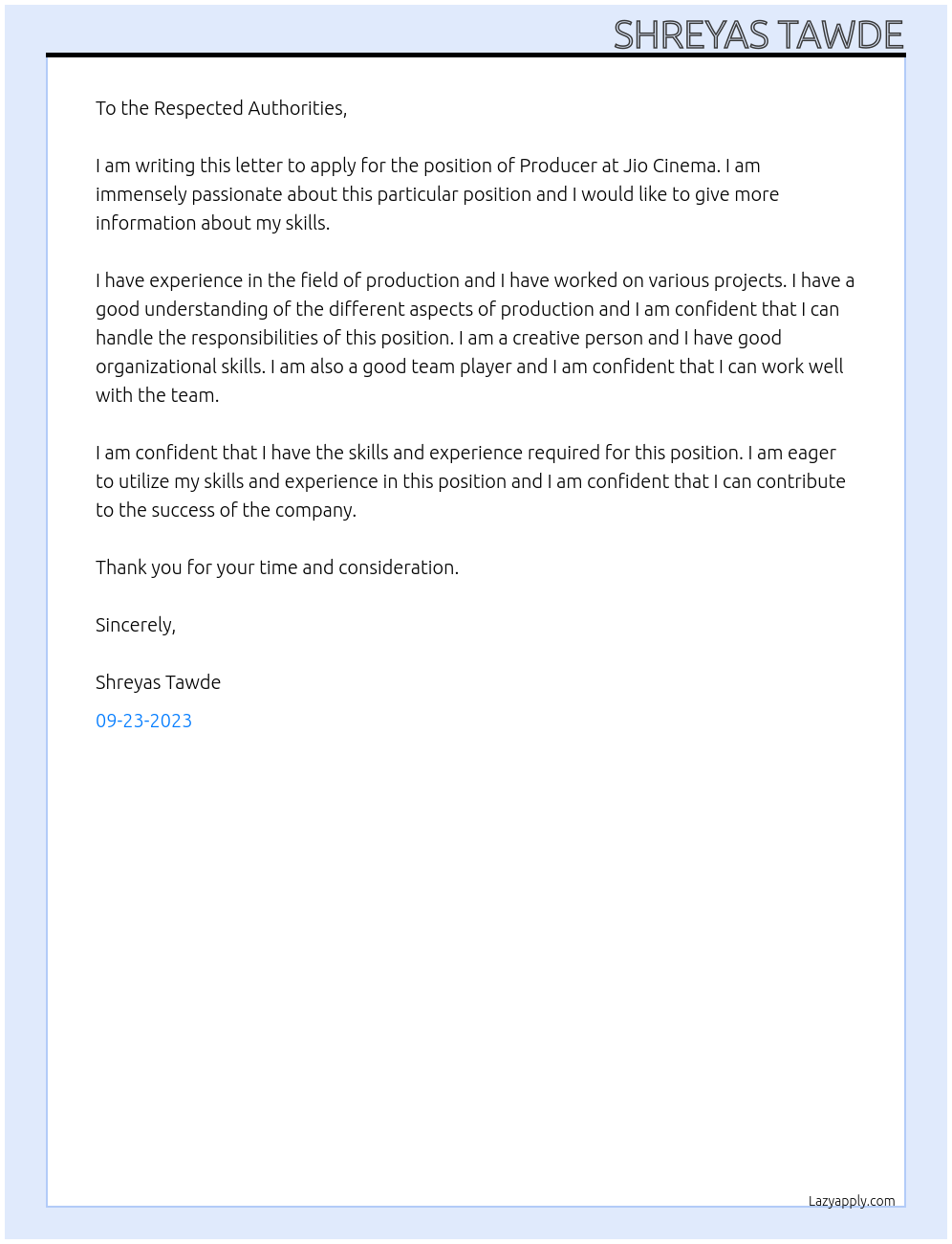 Producer At Jio Cinema Cover Letter