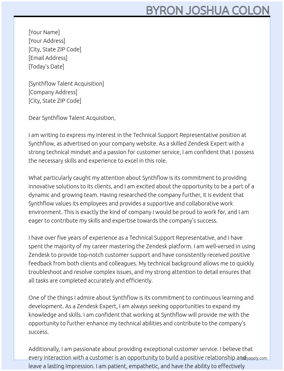 Cover letter for technical support representative - LazyApply