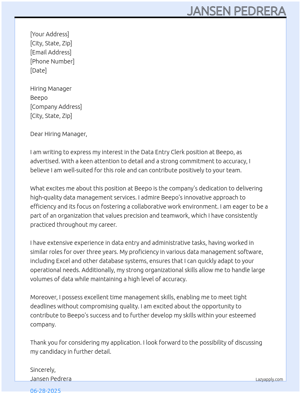 Data Entry Clerk At Beepo Cover Letter