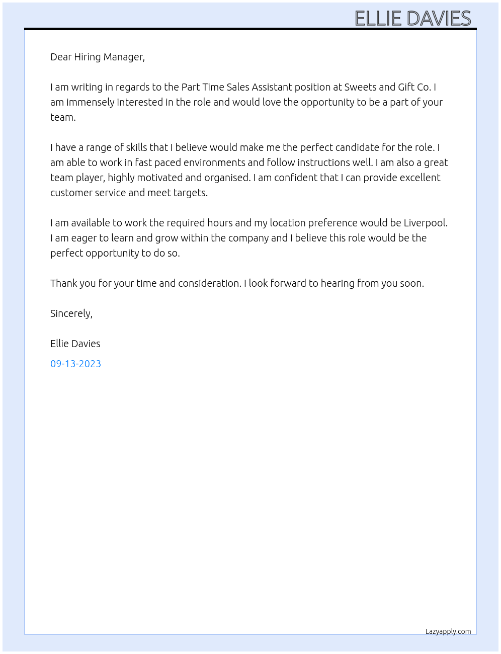 Part time sales assistant At Sweets and Gift Co Cover Letter