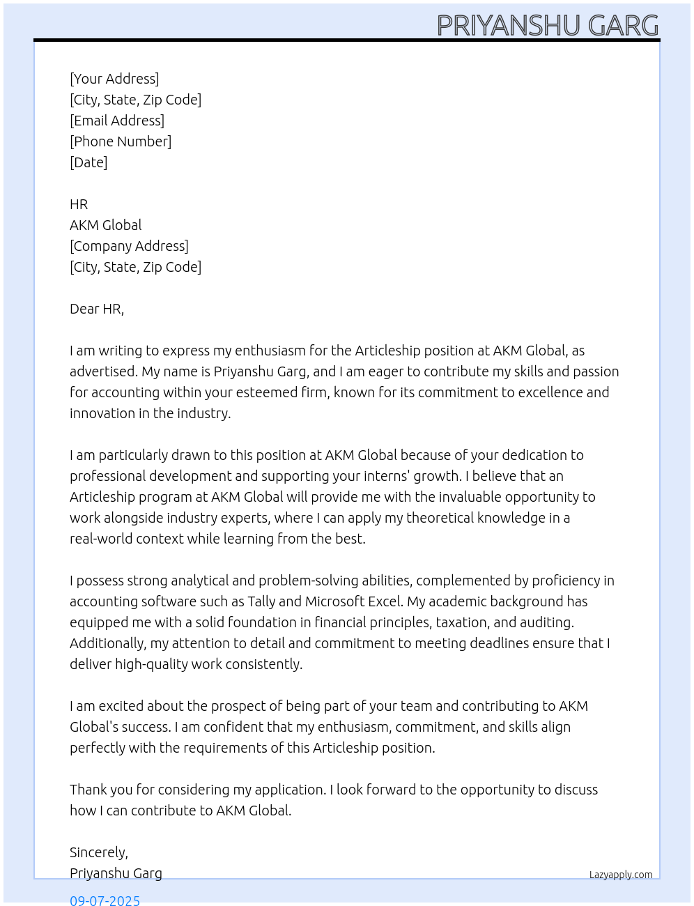 Articleship At AKM Global Cover Letter