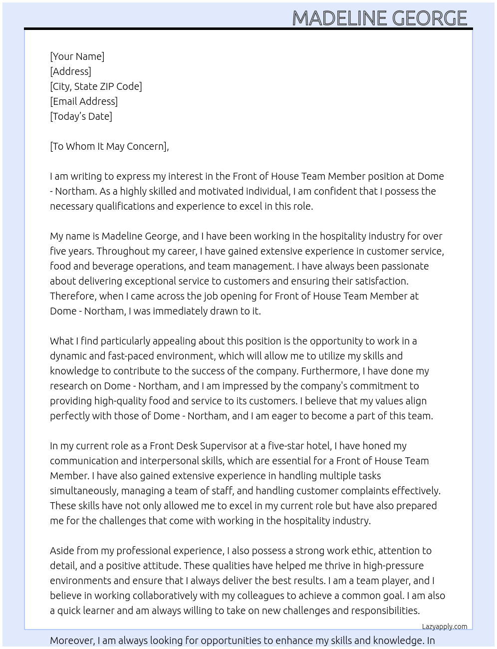 Front of House Team Member At Dome - Northam Cover Letter