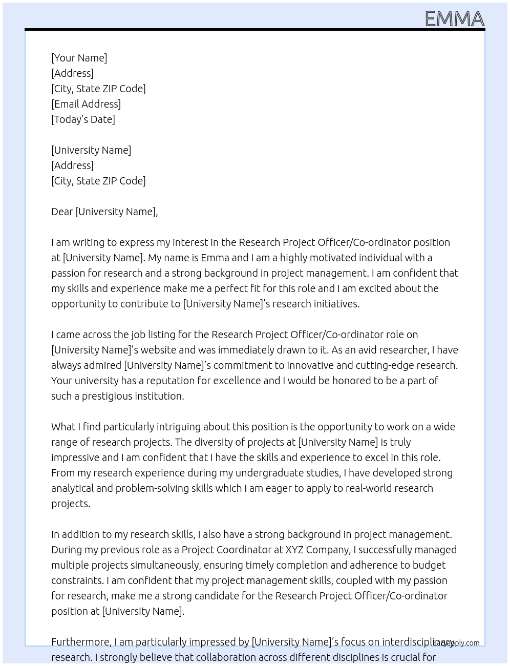 RESEARCH PROJECT OFFICER/CO-ORDINATOR At university  Cover Letter