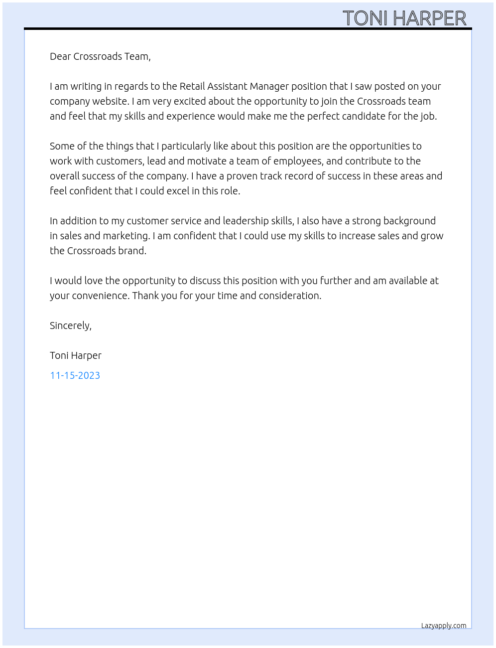 Retail Assistant Manager  At Crossroads trading co Cover Letter