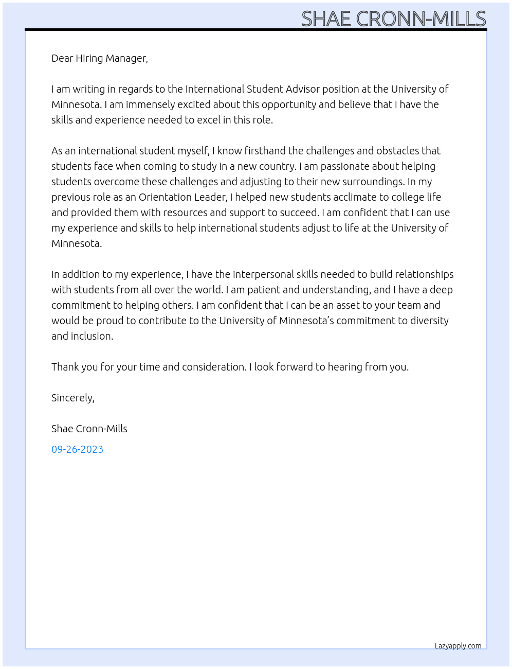 International Student Advisor At University of Minnesota Cover Letter