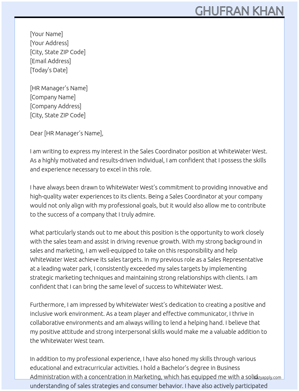 Sales Coordinator At WhiteWater West Cover Letter