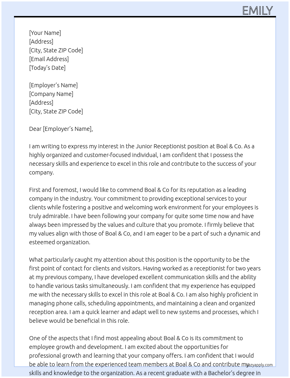 Junior receptionist  At Boal & Co Cover Letter