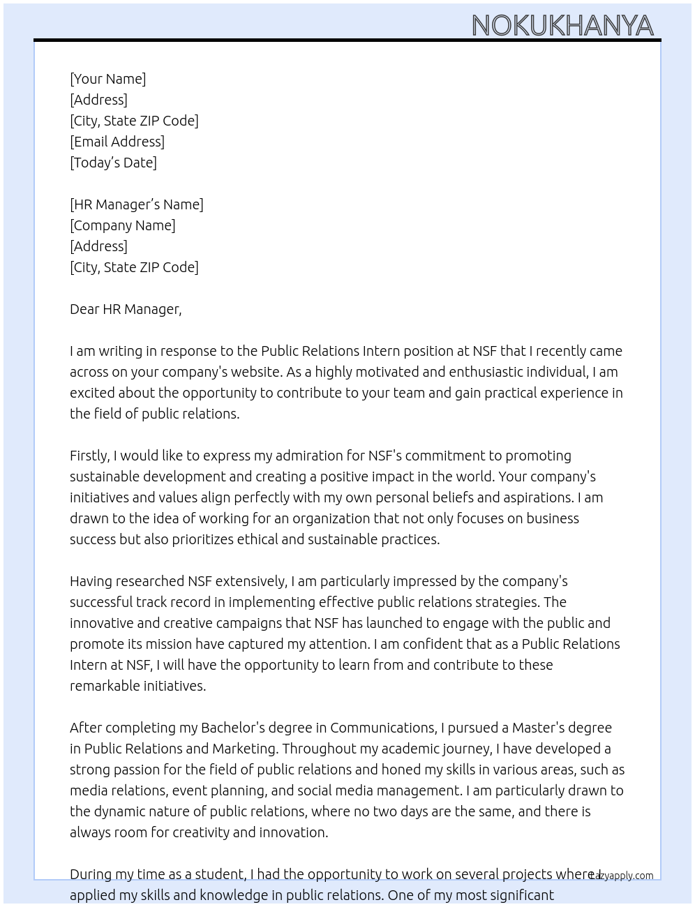 Public Relations Intern At NSF Cover Letter