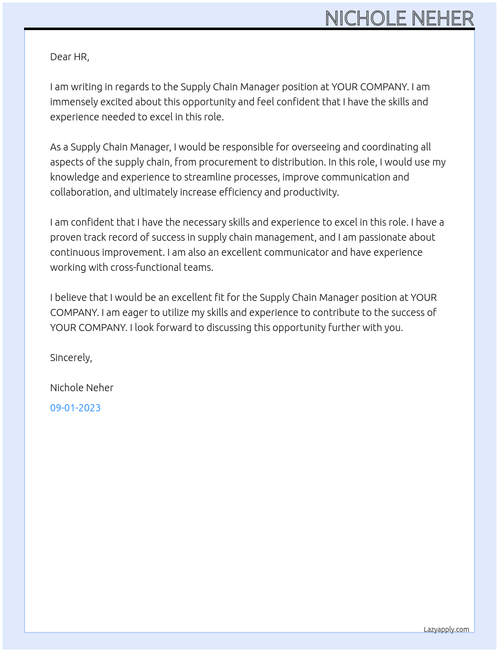 Supply Chain Manager At YOUR COMPANY Cover Letter