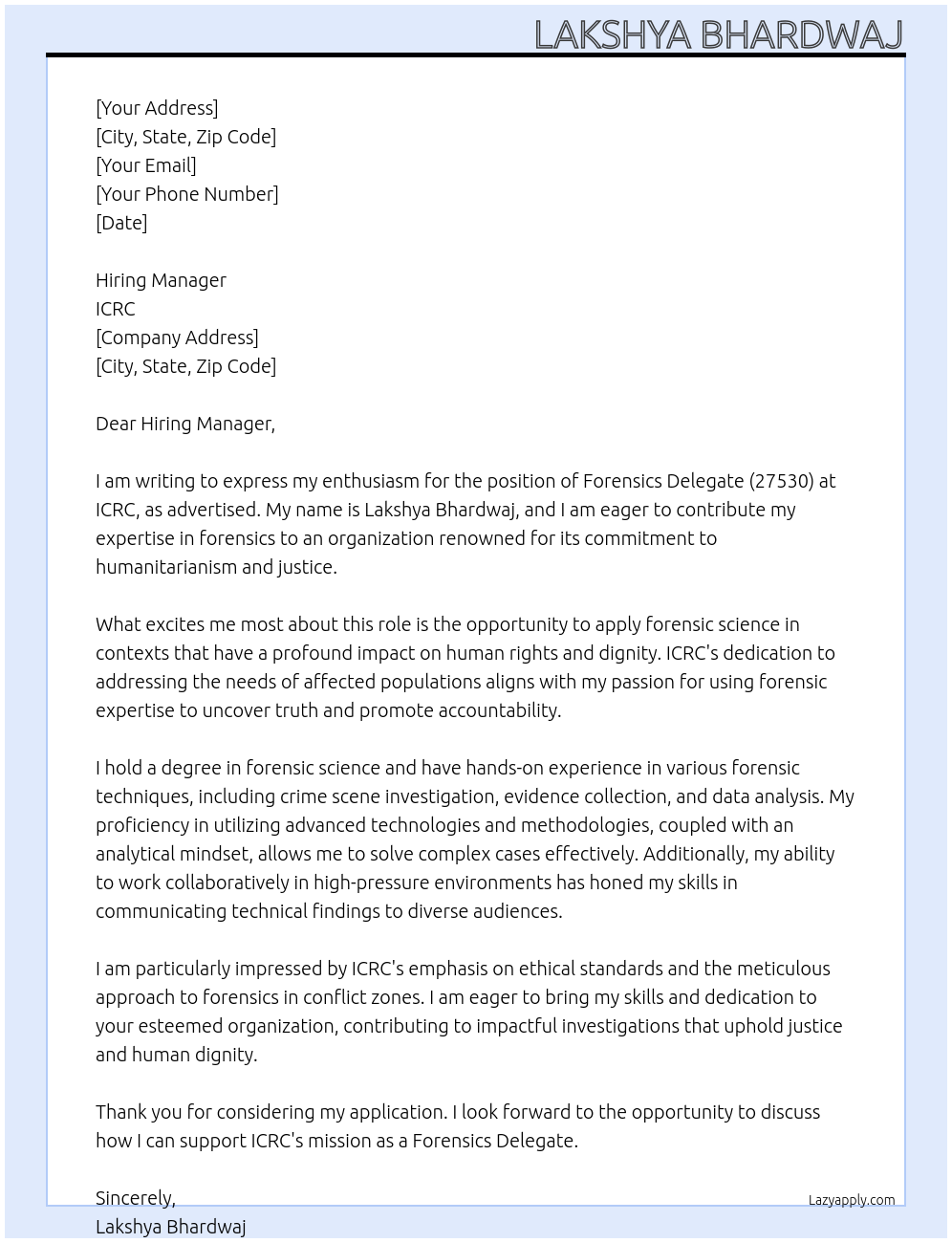 Forensics Delegate (27530) At ICRC Cover Letter