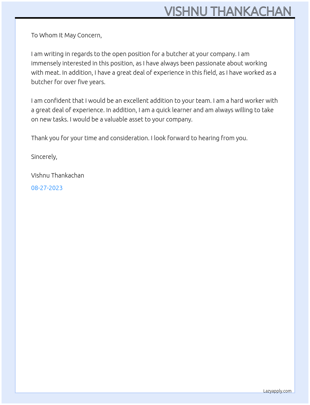 Butcher At Meat industry Cover Letter