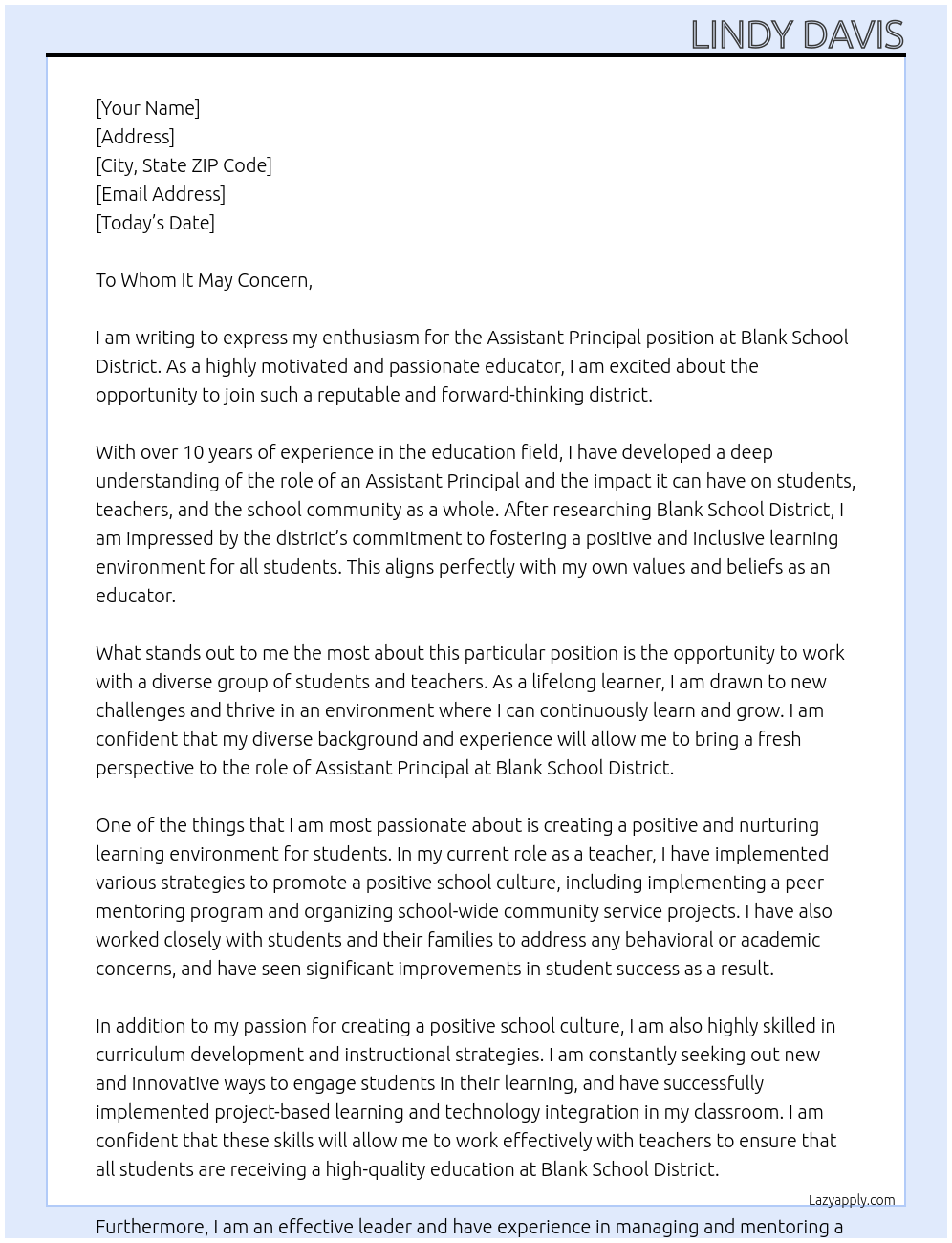 Assistant Principal At Blank School District Cover Letter