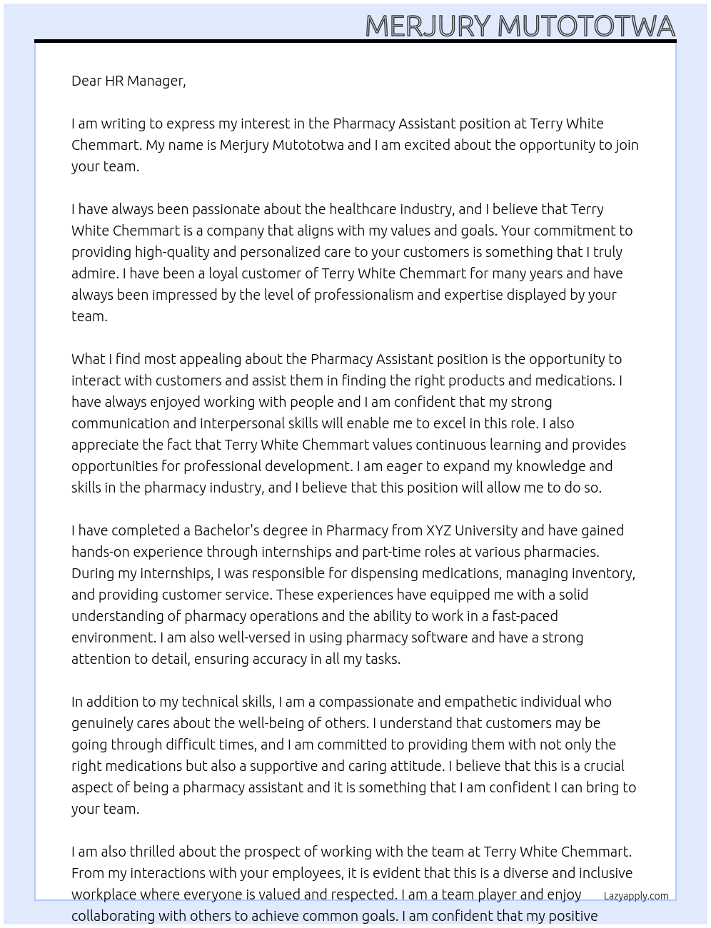 Pharmacy Assistant At Terry White Chemmart Cover Letter