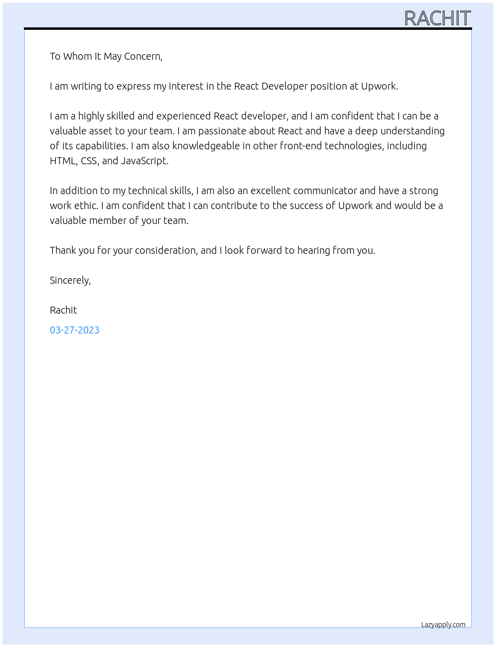 react developer At upwork Cover Letter