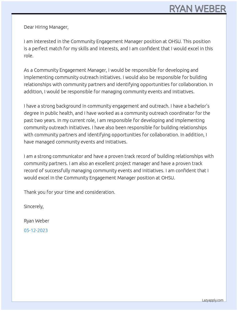 Community Engagement Manager At OHSU Cover Letter