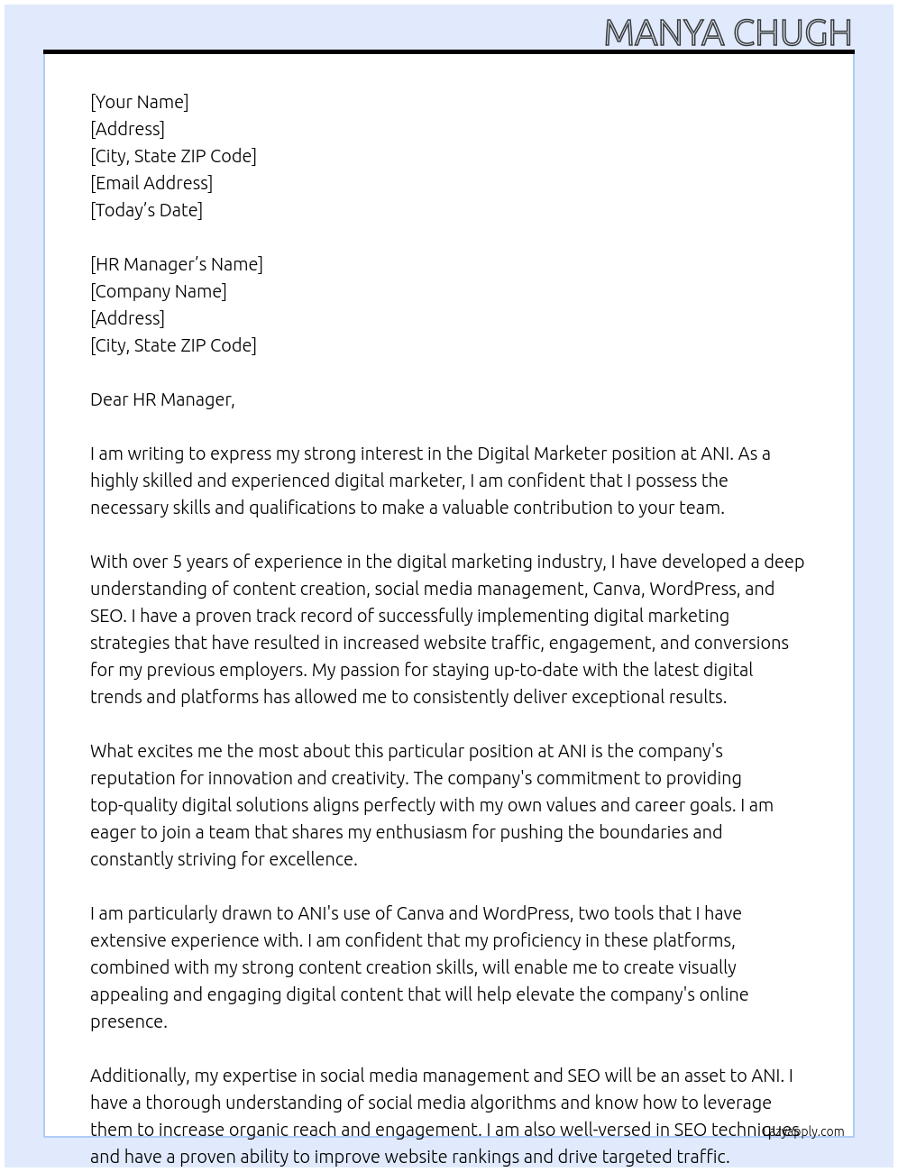 Digital Marketer At ANI Cover Letter