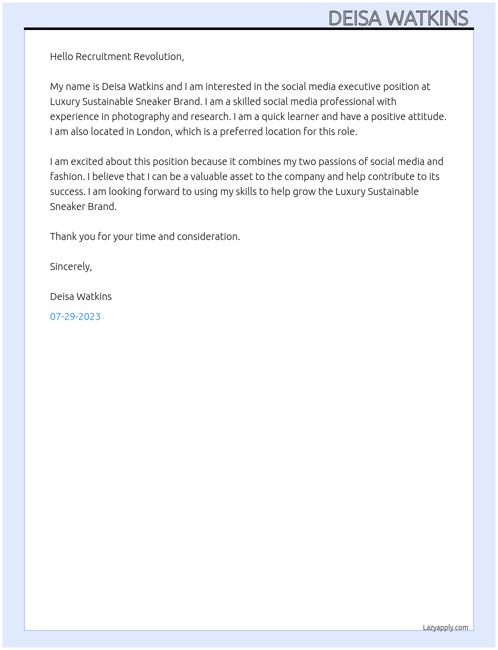 social media executive At Luxury Sustainable Sneaker Brand Cover Letter