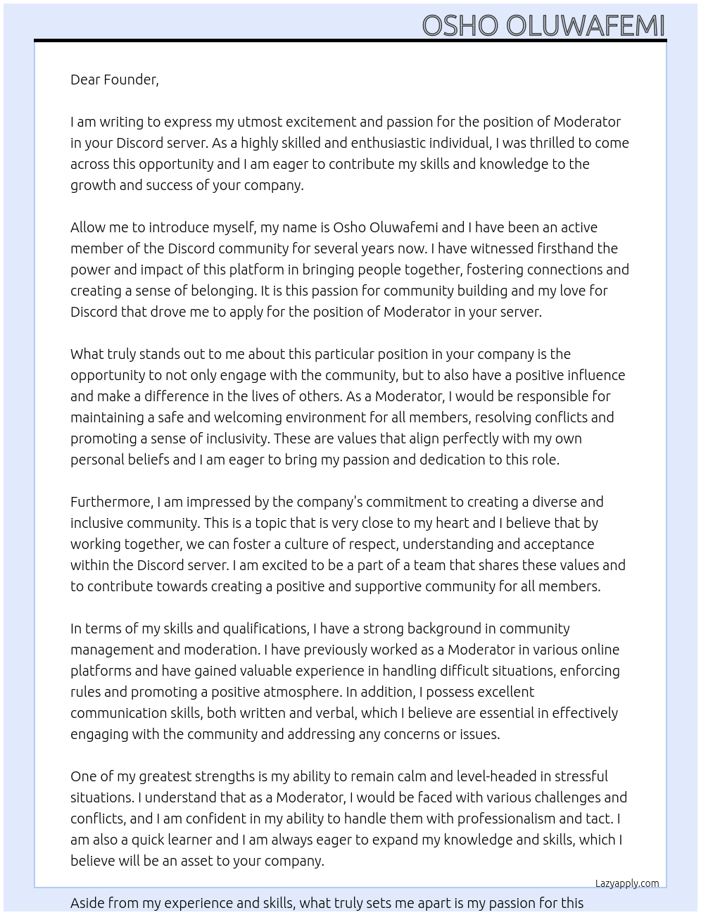 moderator At Discord server Cover Letter