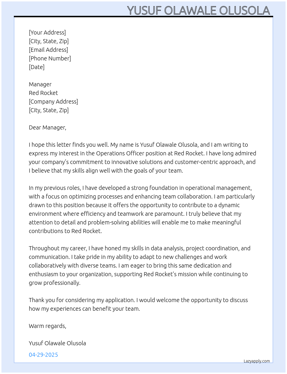 Operation officer  At Red Rocket  Cover Letter