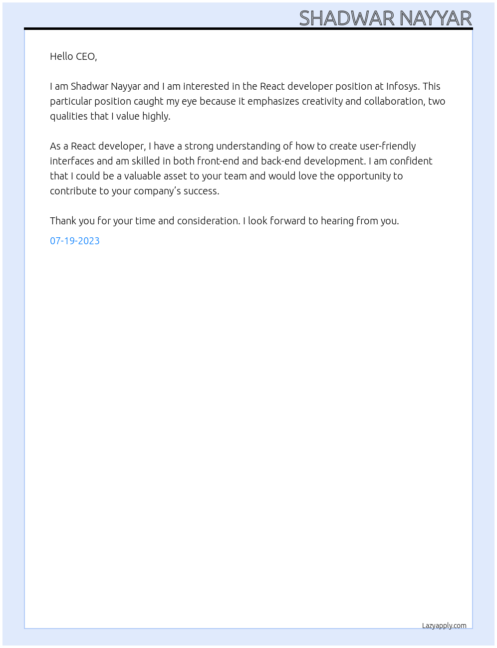 React developer At Infosys Cover Letter