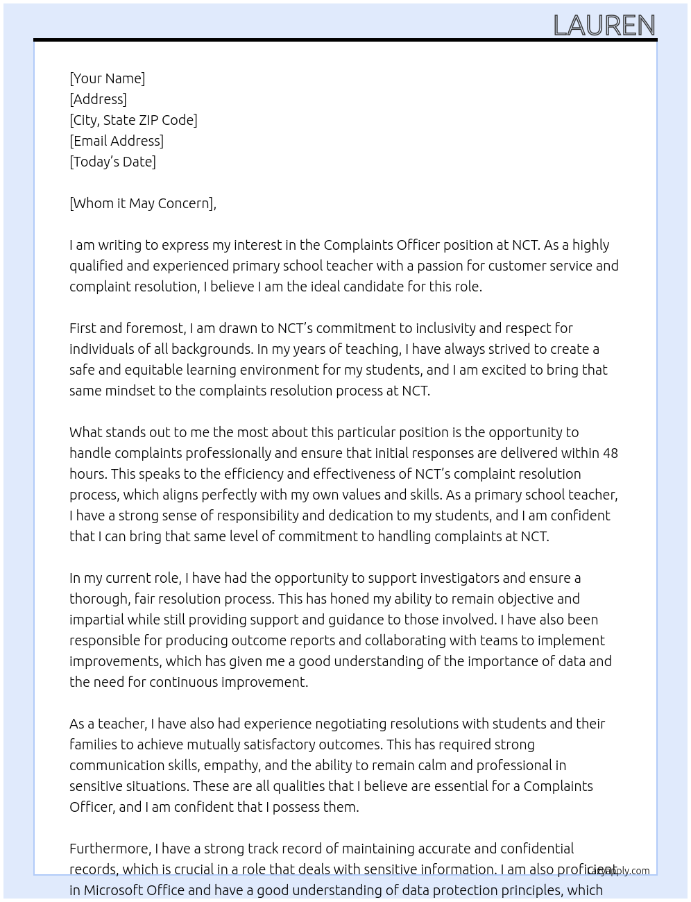 Complaints Officer At NCT Cover Letter