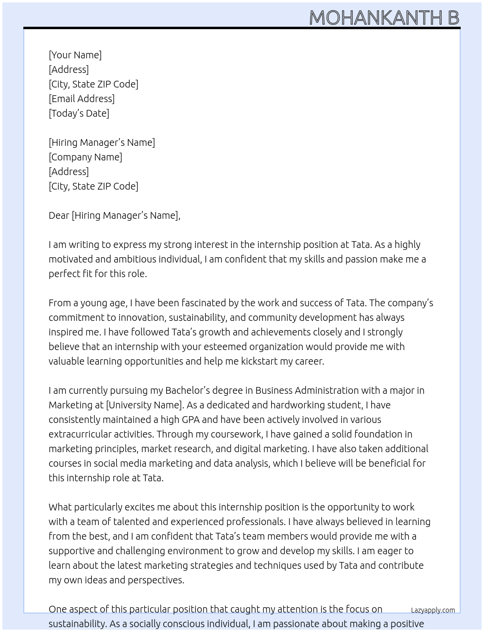 Intership At Tata Cover Letter