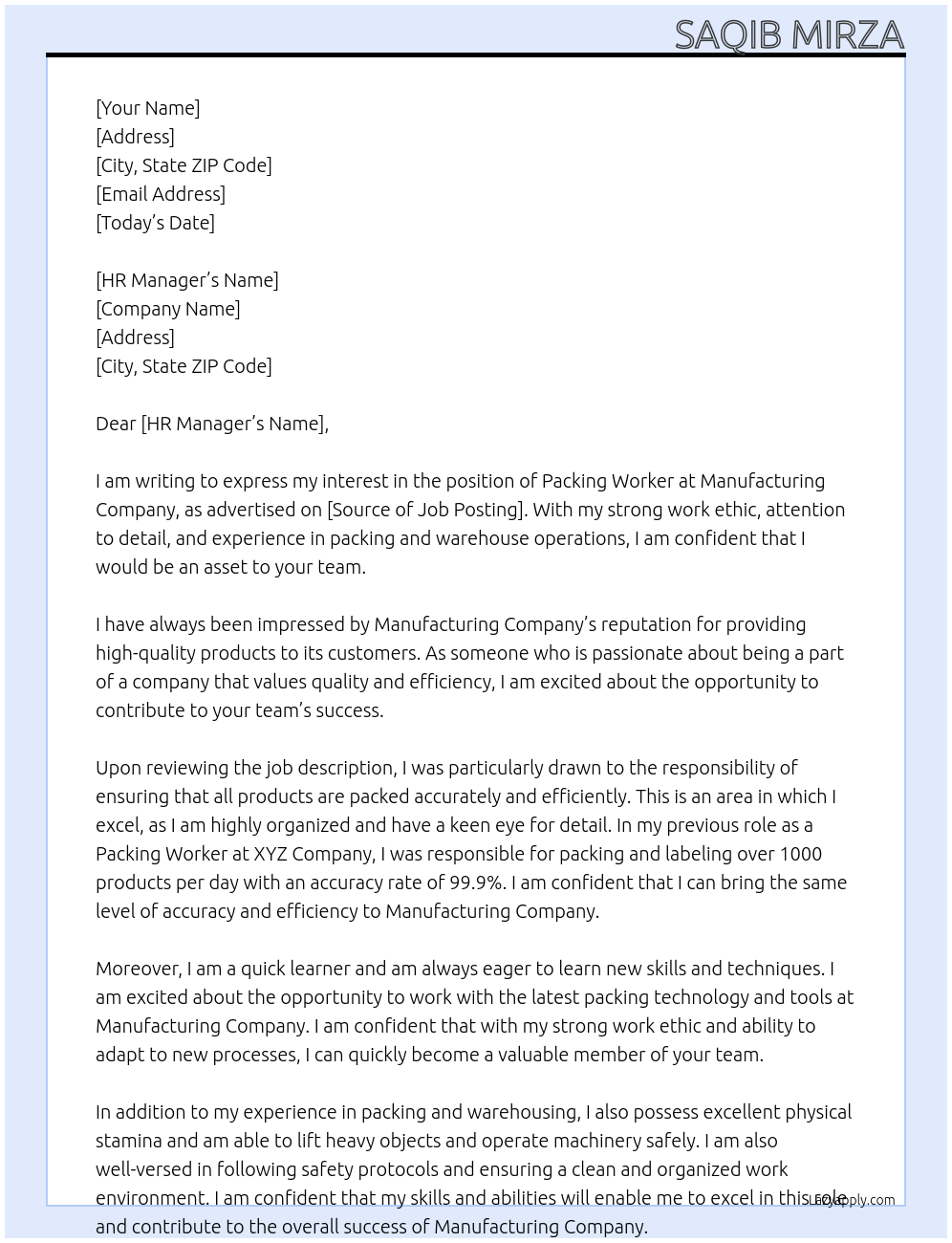 Packing Worker At Manufacturing Company Cover Letter