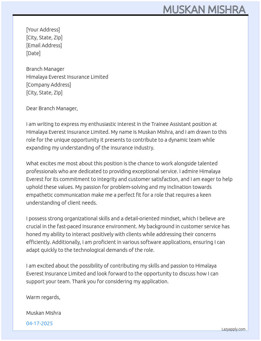 Trainee assistant At Himalaya everest insurance limited Cover Letter