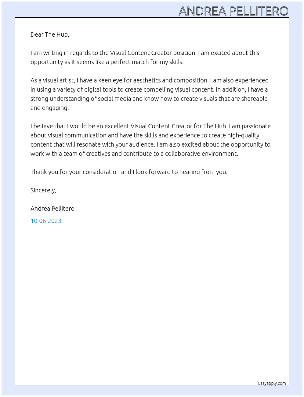 Visual Content Creator At The hub Cover Letter