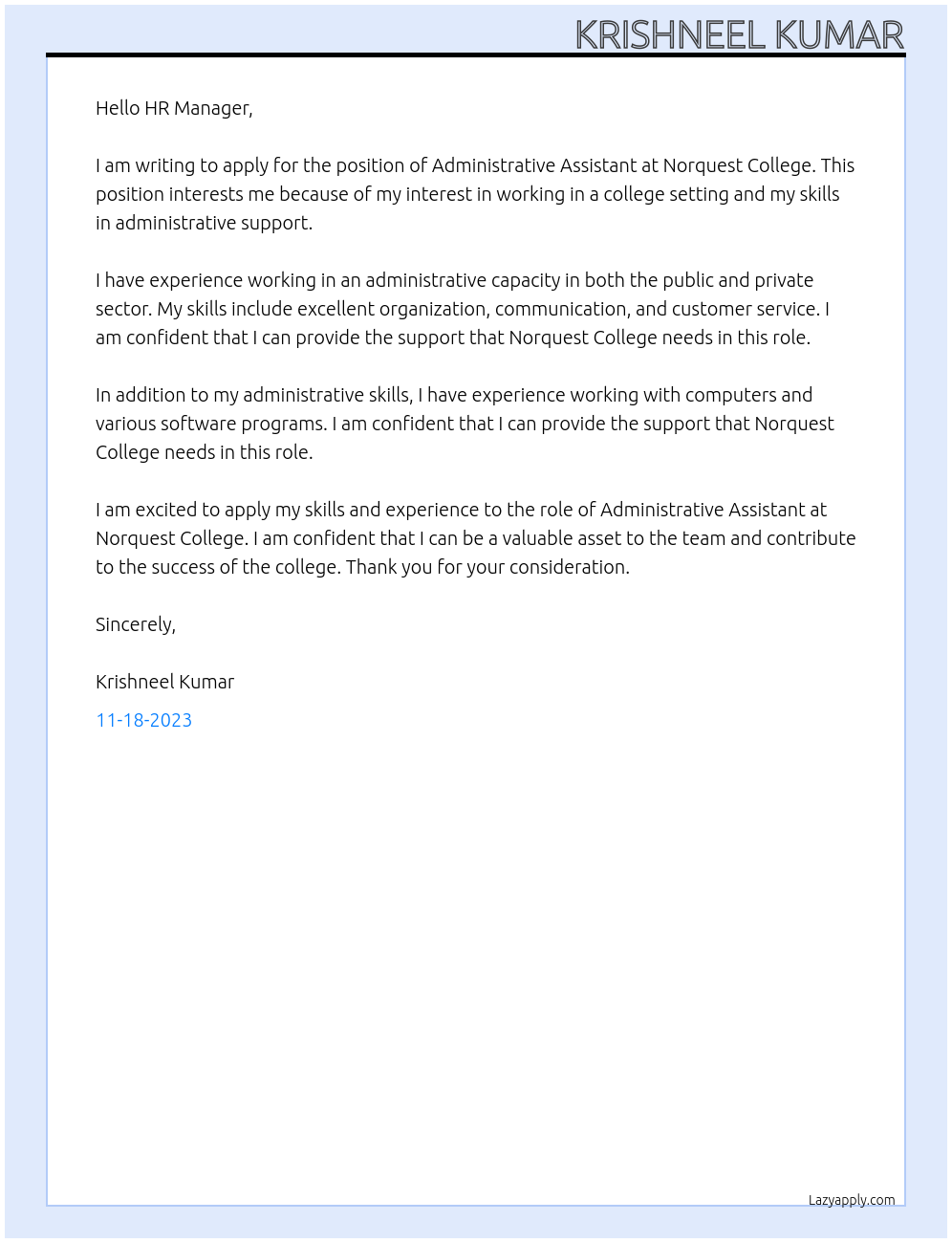 adminstrative assistant At Norquest Collage Cover Letter