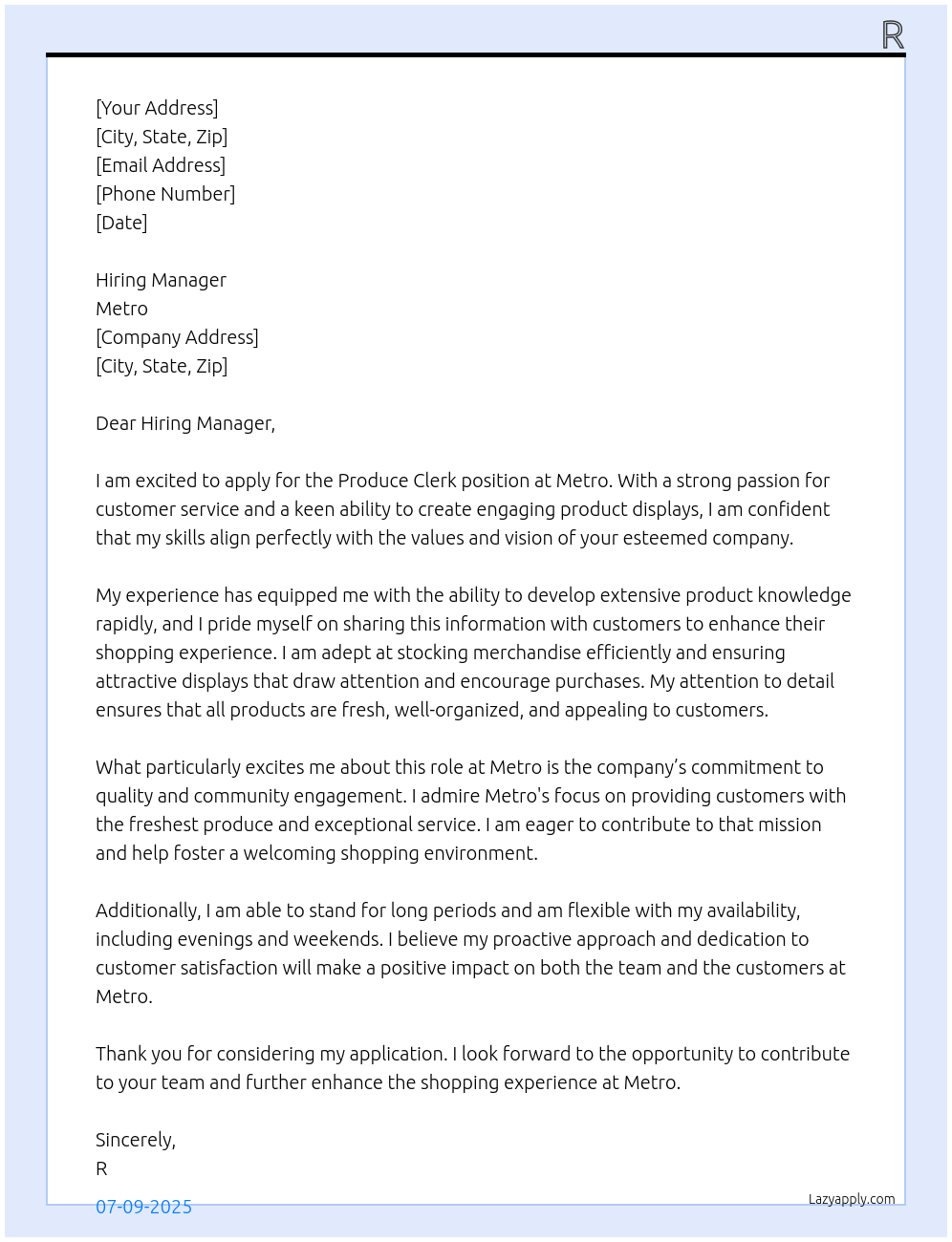 Cover letter for produce clerk - LazyApply