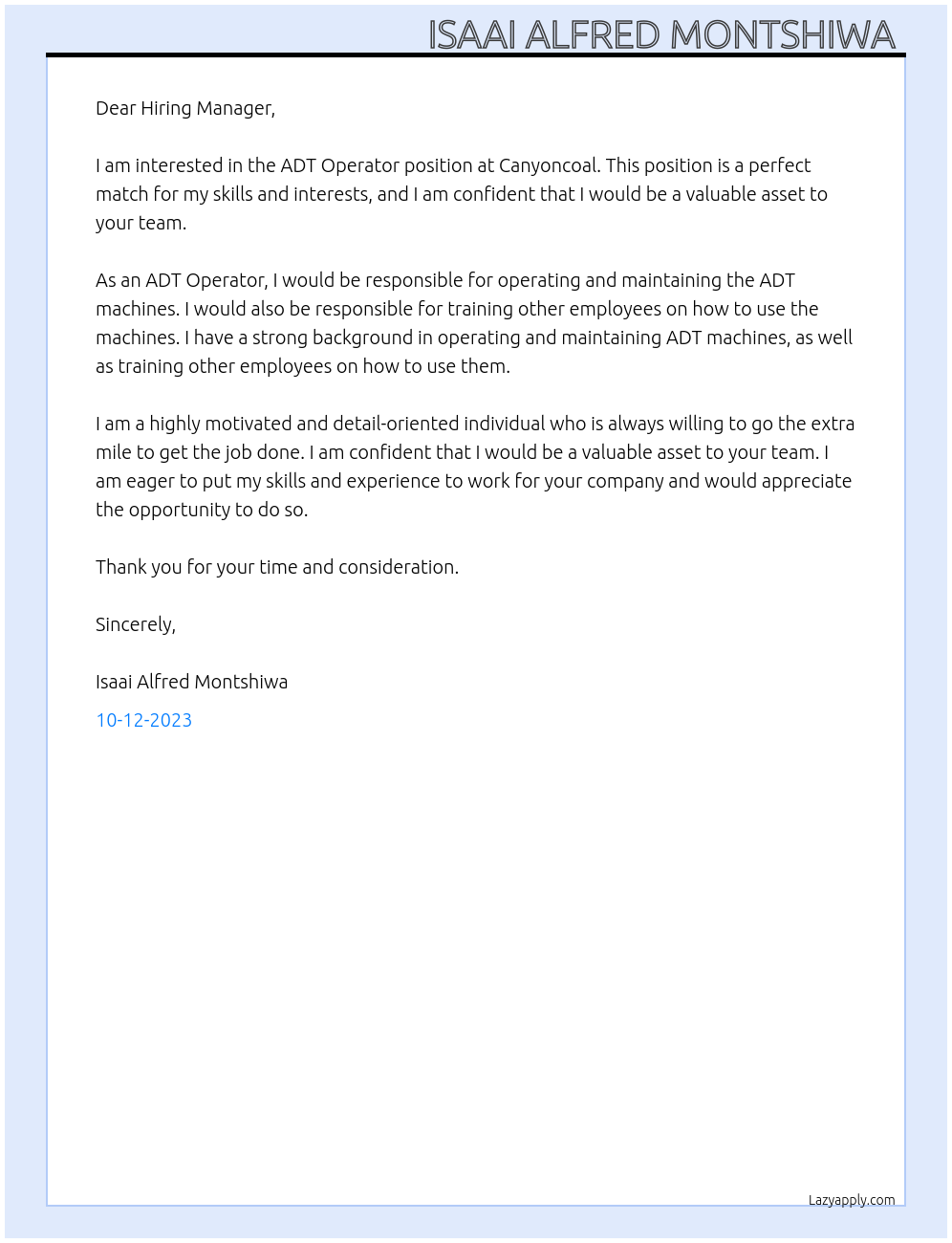 ADT Operator  At Canyoncoal Cover Letter