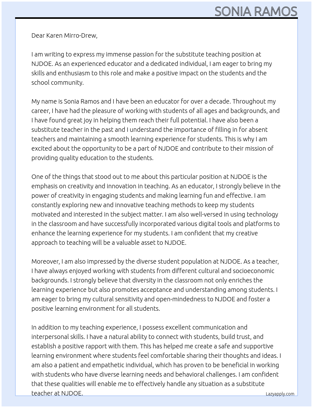 Substitute Teacher At NJDOE Cover Letter