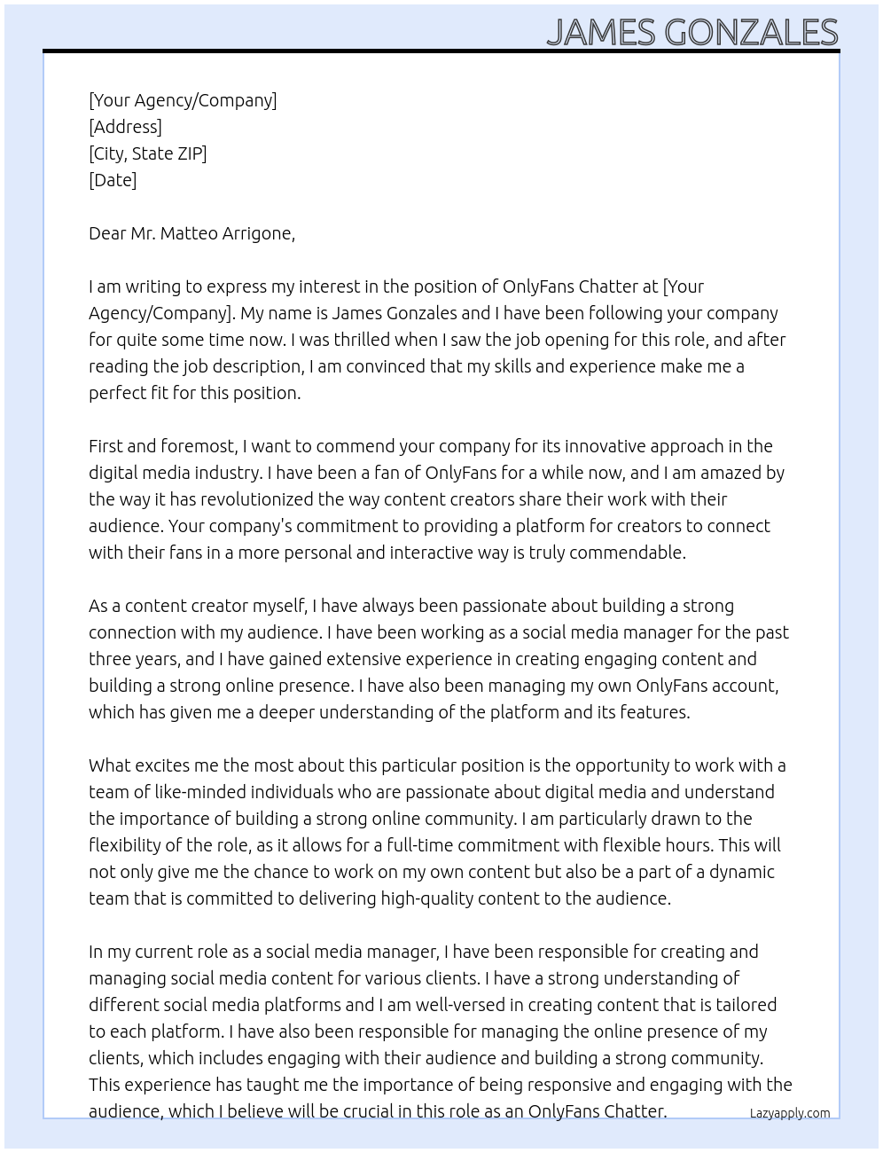 OnlyFans Chatter At Your Agency/Company Cover Letter