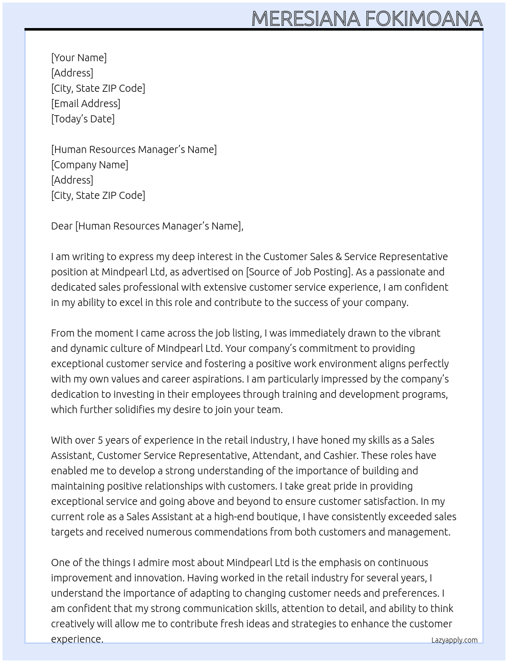 Customer Sales & Service Representative At Mindpearl Ltd Cover Letter