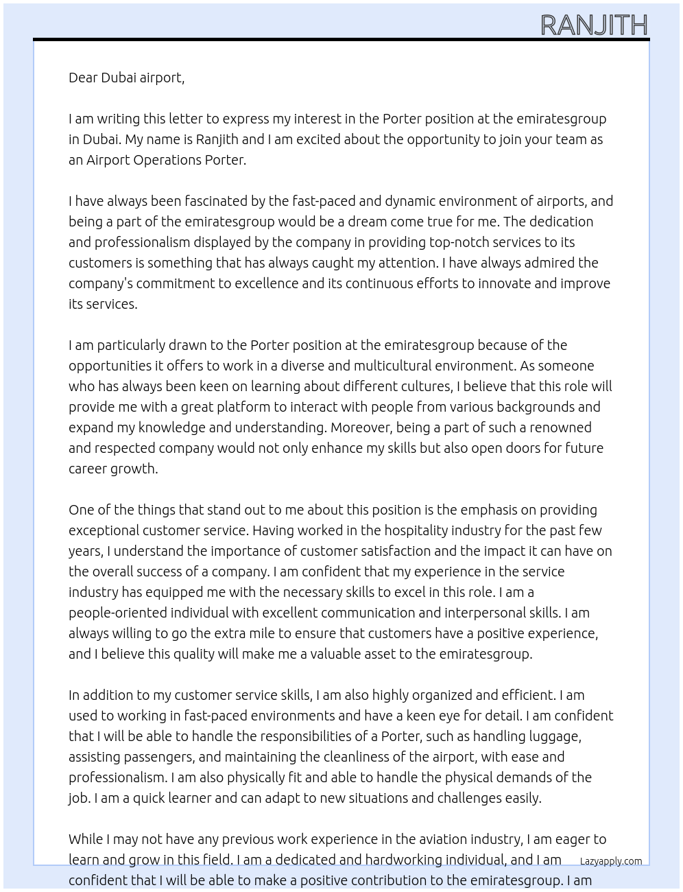 Porter At emiratesgroup  Cover Letter