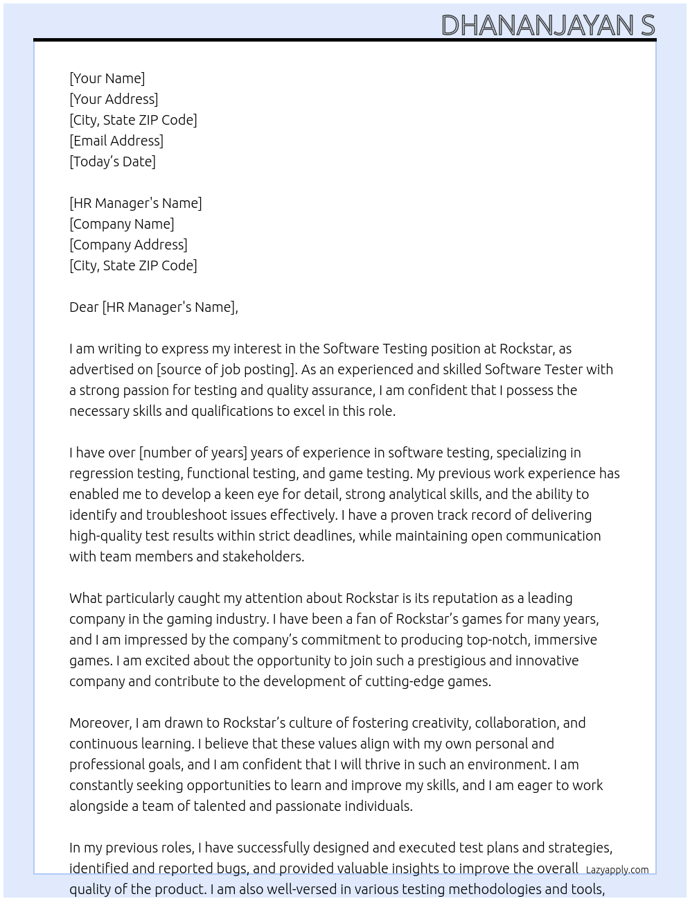 Software testing  At Rockstar  Cover Letter