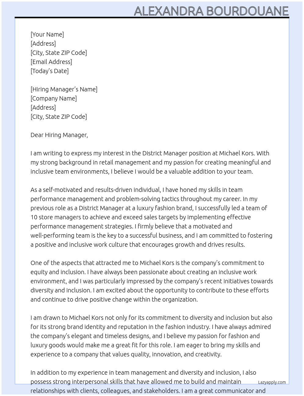 District Manager At Michael Kors Cover Letter
