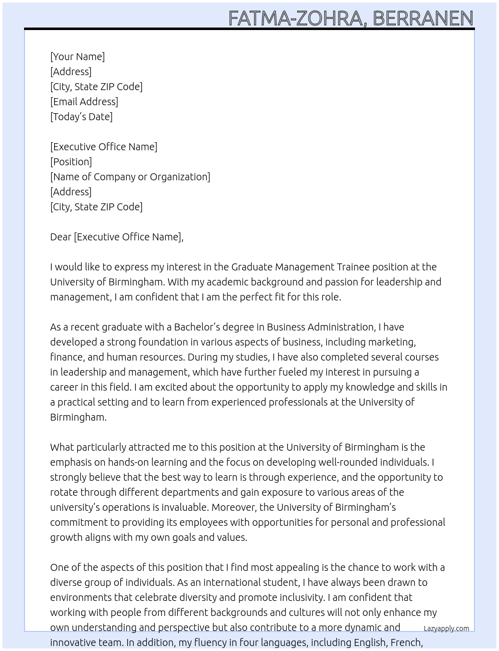 Graduate Management Trainee At University of Birmingham Cover Letter