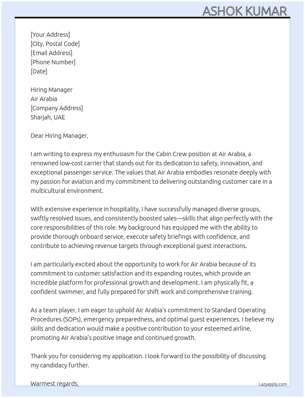 Cabin crew At Air Arabia Cover Letter