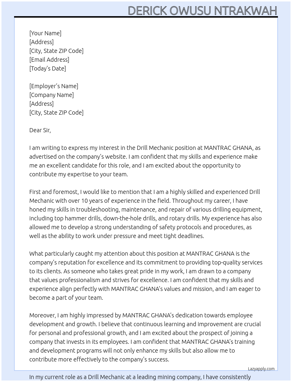 Drill Mechanic  At MANTRAC GHANA Cover Letter