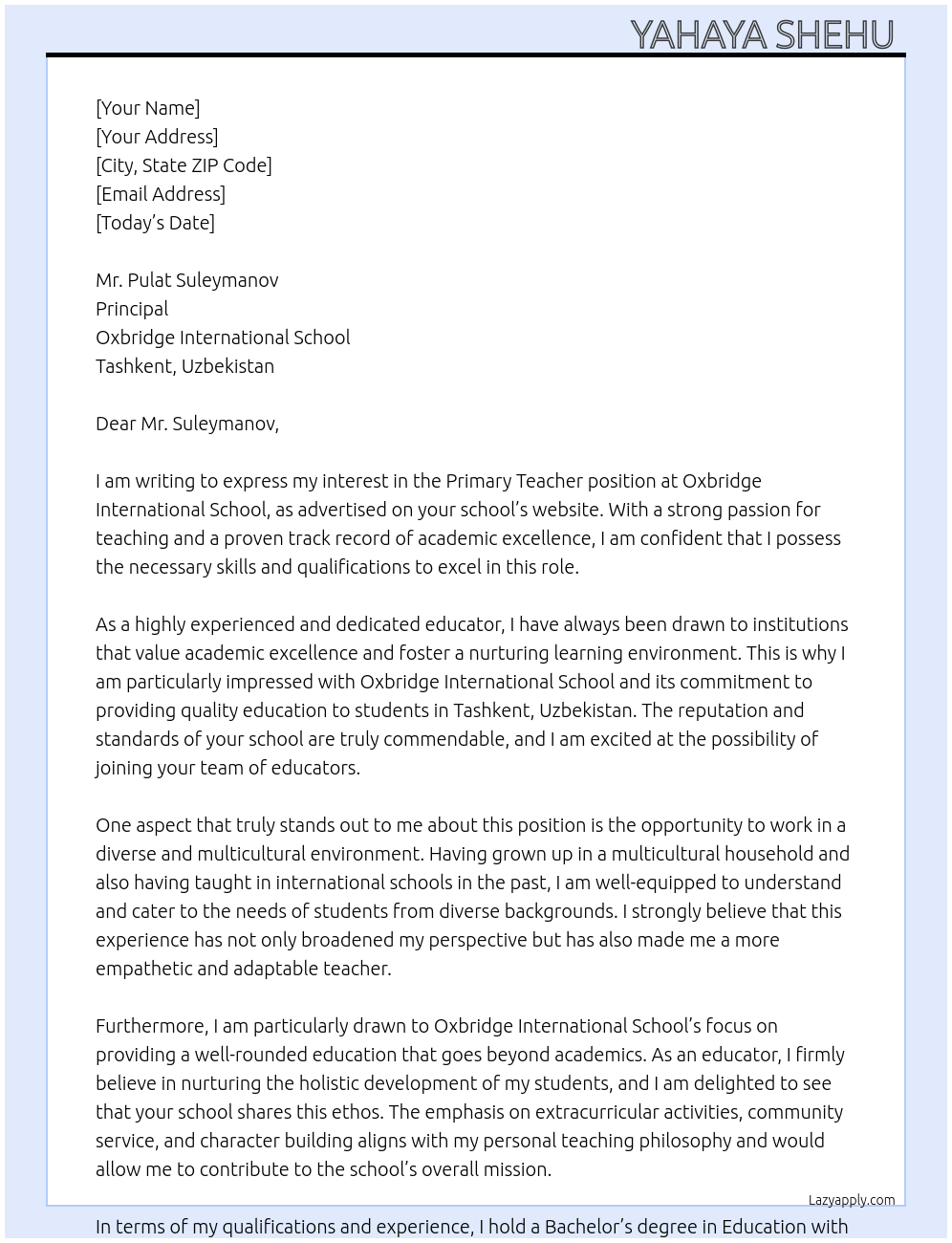 Primary Teacher At Oxbridge international school Cover Letter