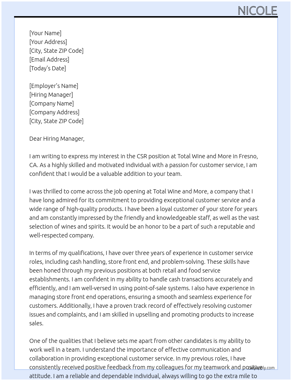 CSR At Total wine and more Cover Letter